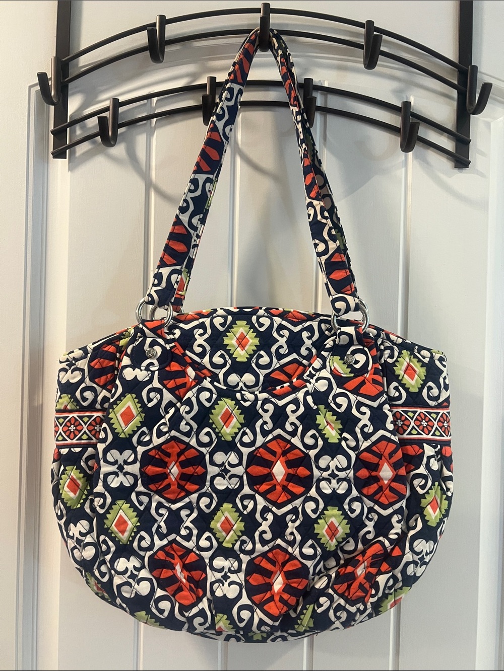 Quilted Patterned Tote Bag in Navy, Red & Green